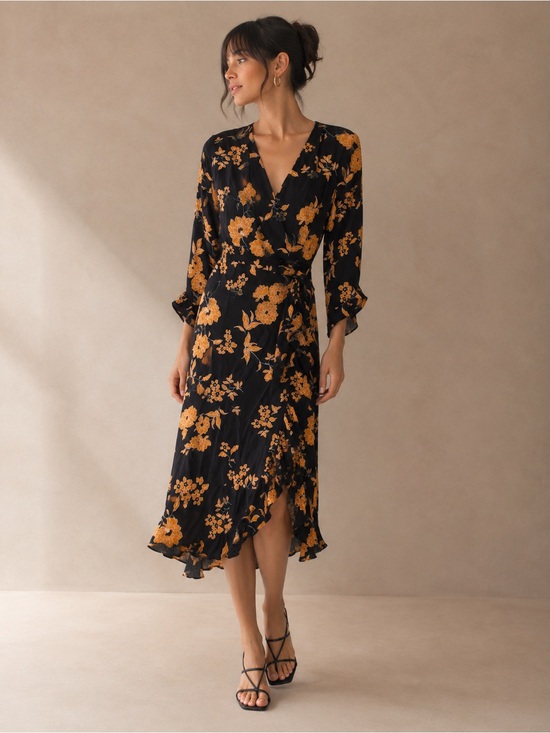 Miss Selfridge Dresses & Skirts - Miss Selfridge Black and Mustard Floral Wrap Midi Dress Size 8